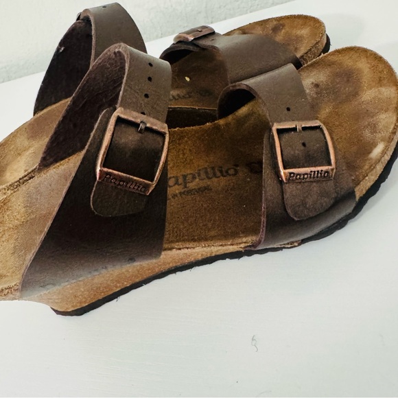Birkenstock Dorothy Papillio 6-6.5 Brown Cork Wedge Slide Sandals  Dual Straps - Picture 4 of 9